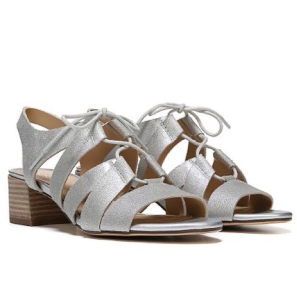 NATURALIZER Felicity sandals lace up Block Heels silver Leather caged strappy 5
